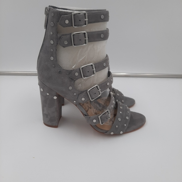 NWB Sam Edelman York Grey Suede Leather Studded Caged Open Toe Heels 9.5 - Picture 4 of 11
